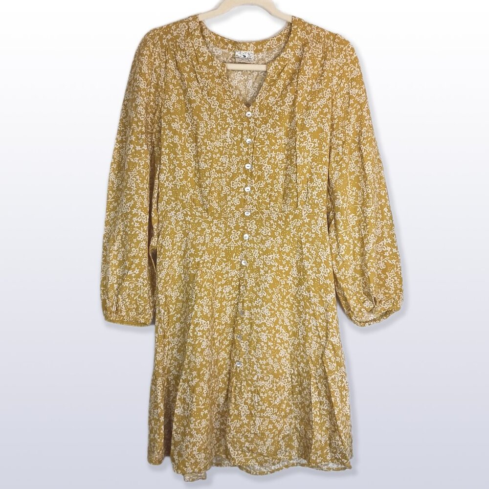 Naif Boho Floral Dress w Flounce & Button Accents Puff Sleeves Size M*